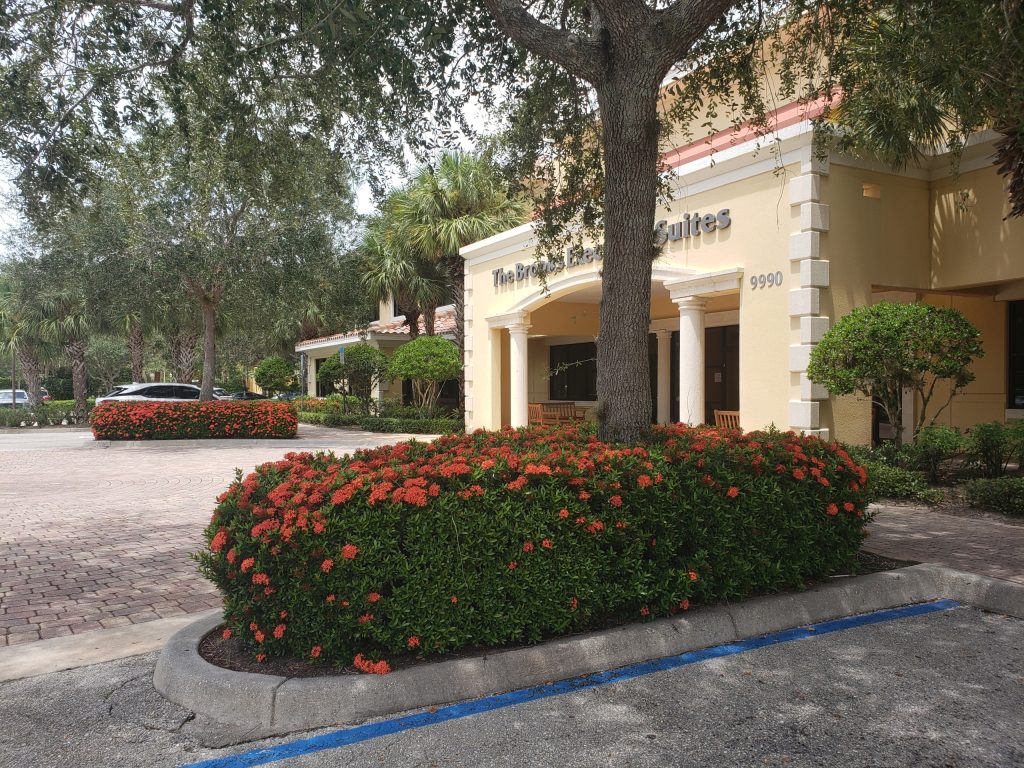 A building with the sign The Bridge Suites and address 9990 is partially hidden by a tree and red flowering bushes. A nearly empty parking lot and more greenery are visible in the background.