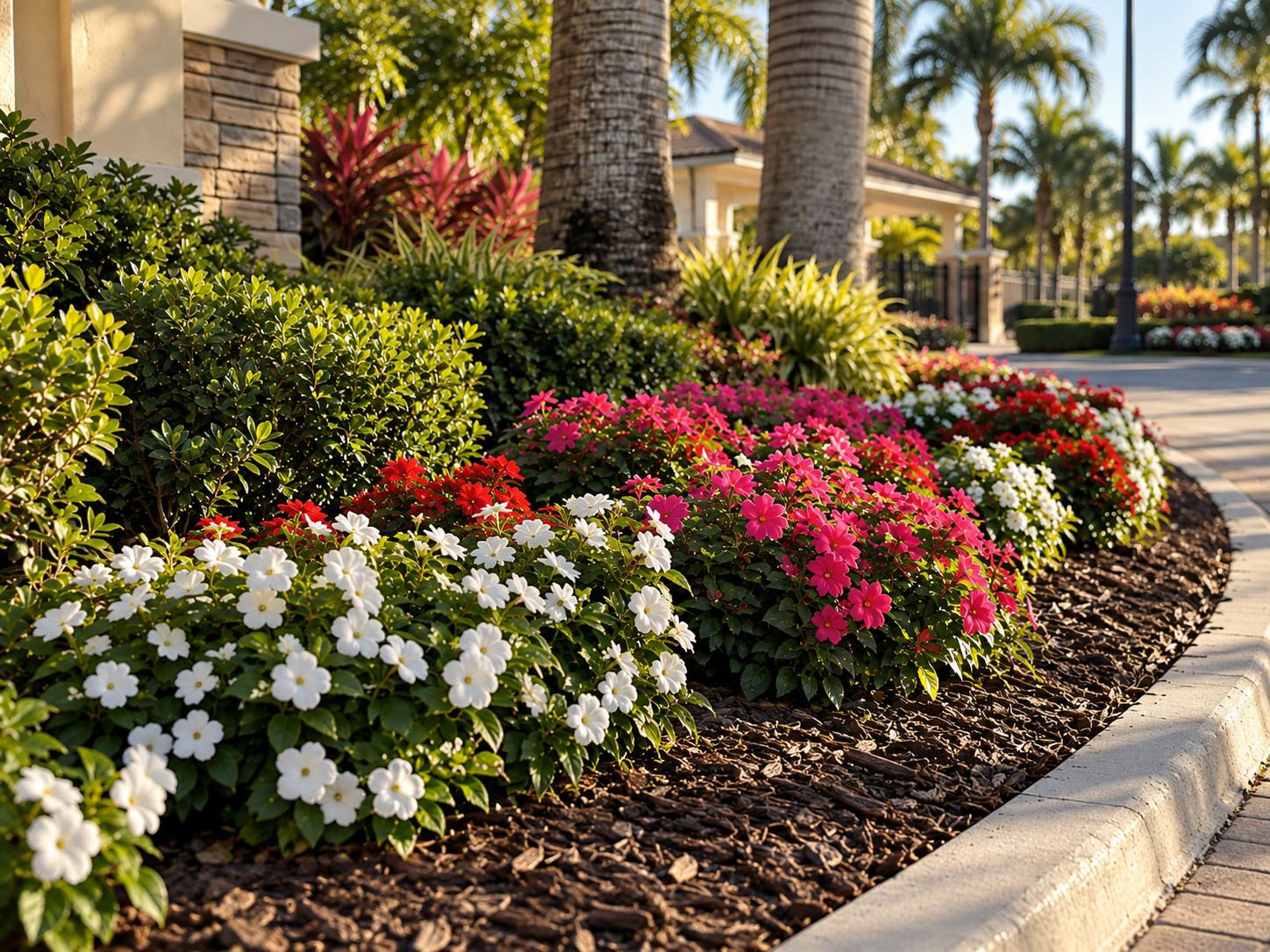 A garden bed along a paved walkway planted with clusters of white, pink, and red impatiens, surrounded by palm trees and shrubs.